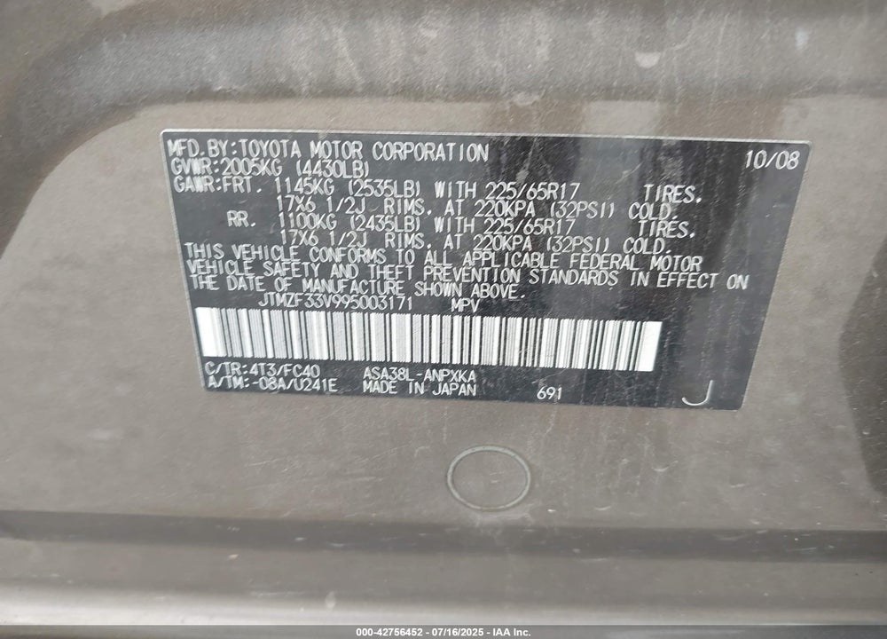 2009 TOYOTA RAV4 VIN: JTMZF33V995003171