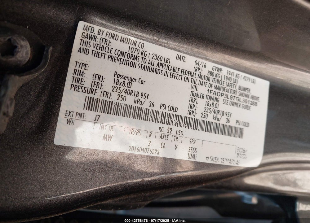 2016 FORD FOCUS VIN: 1FADP3L97GL301288