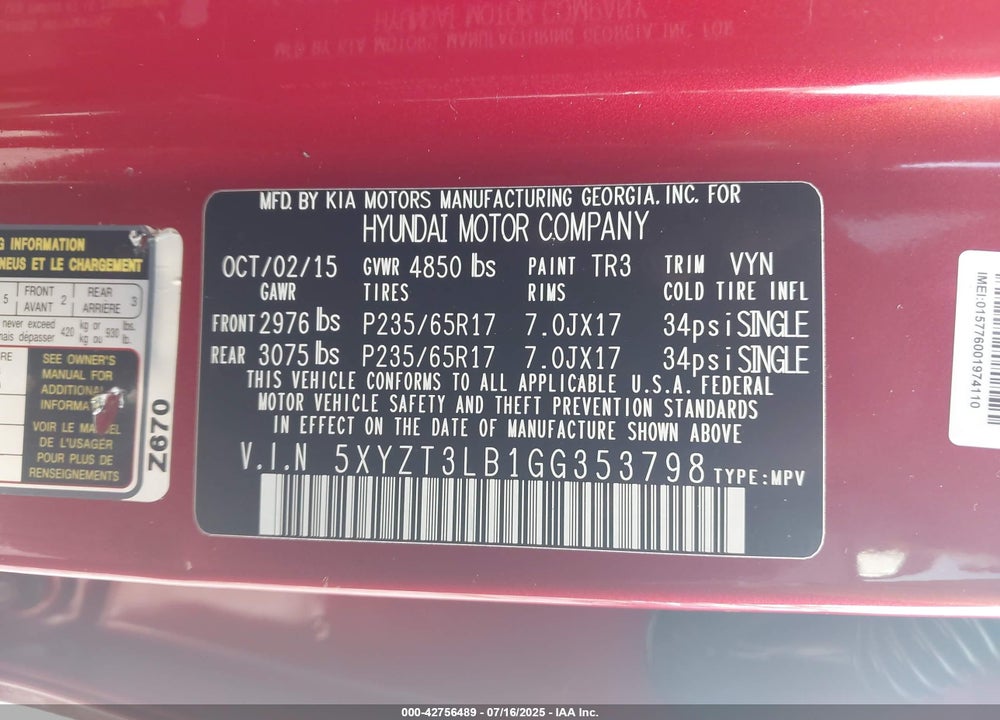 2016 HYUNDAI SANTA FE SPORT VIN: 5XYZT3LB1GG353798