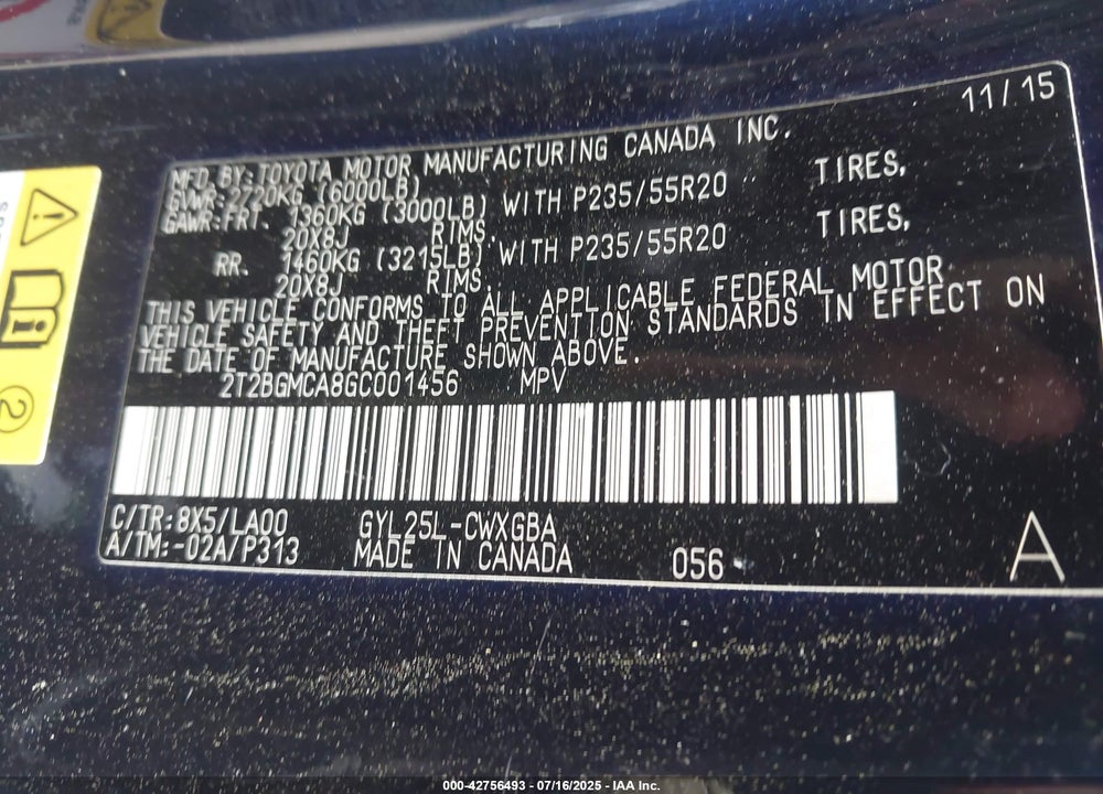 2016 LEXUS RX 450H VIN: 2T2BGMCA8GC001456