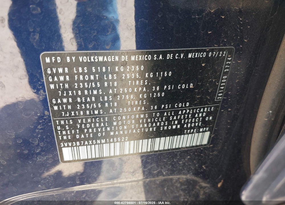 2022 VOLKSWAGEN TIGUAN VIN: 3VV3B7AX5NM145522