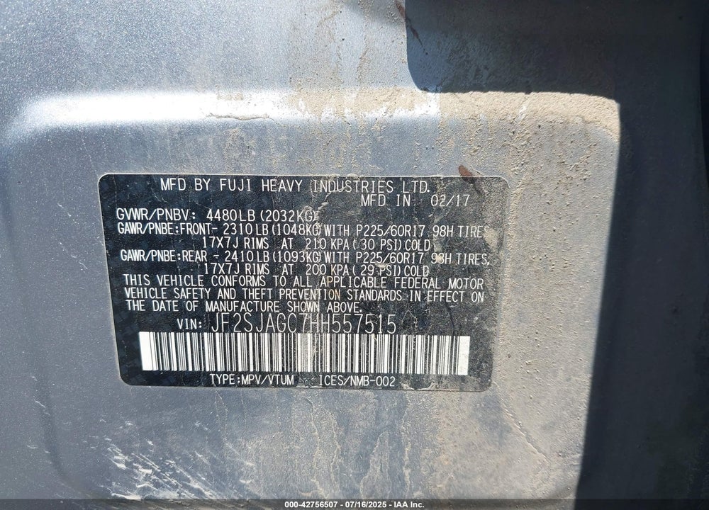 2017 SUBARU FORESTER VIN: JF2SJAGC7HH557515