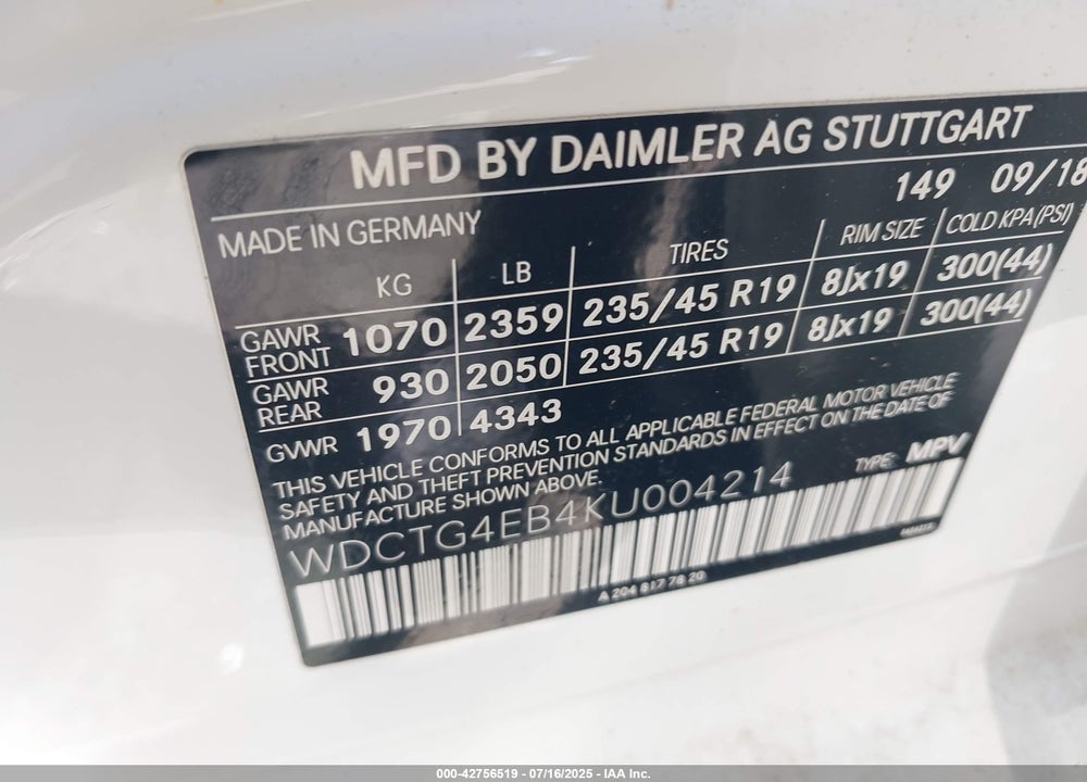 2019 MERCEDES-BENZ GLA-CLASS VIN: WDCTG4EB4KU004214