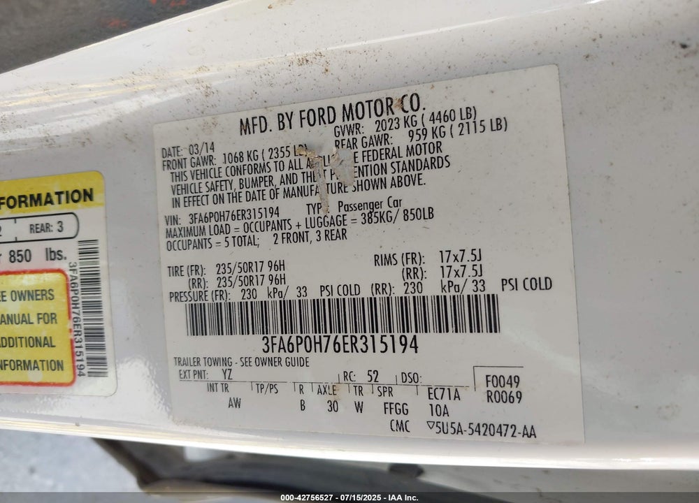 2014 FORD FUSION VIN: 3FA6P0H76ER315194