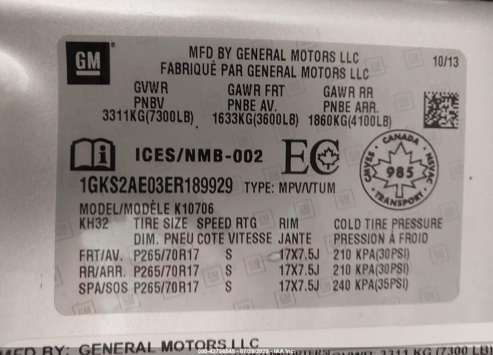 2014 GMC YUKON VIN: 1GKS2AE03ER189929
