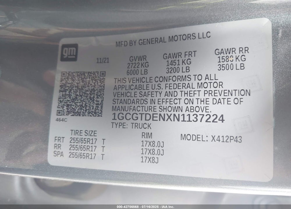 2022 CHEVROLET COLORADO VIN: 1GCGTDENXN1137224