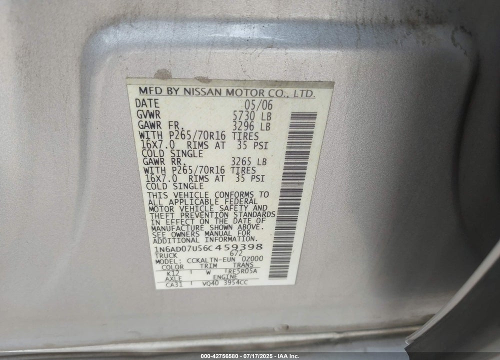 2006 NISSAN FRONTIER VIN: 1N6AD07U56C459398
