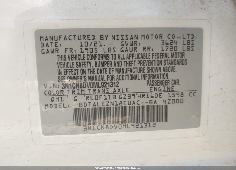 2021 NISSAN VERSA S XTRONIC CVT VIN: 3N1CN8DV0ML921312