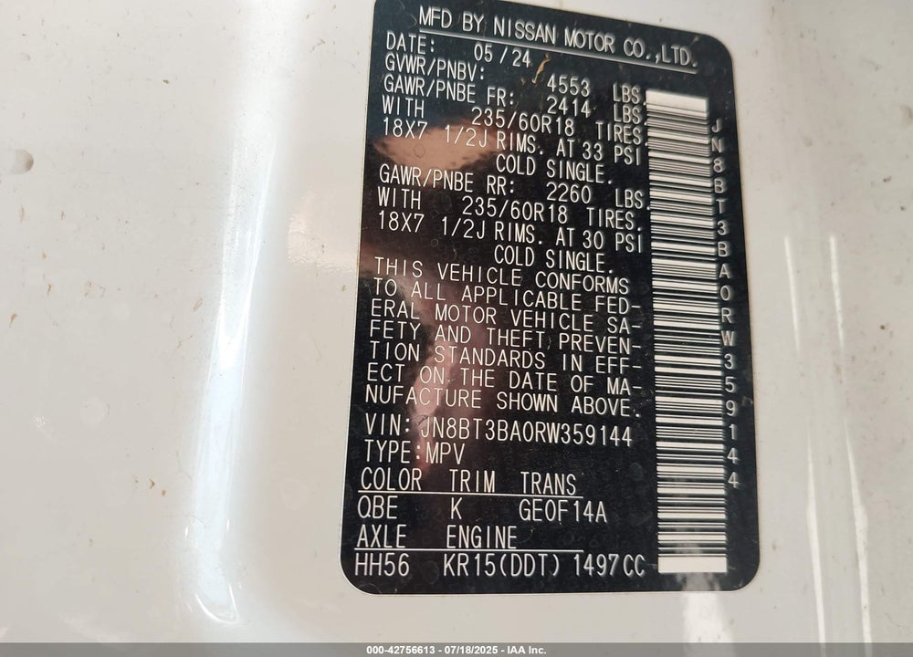 2024 NISSAN ROGUE VIN: JN8BT3BA0RW359144