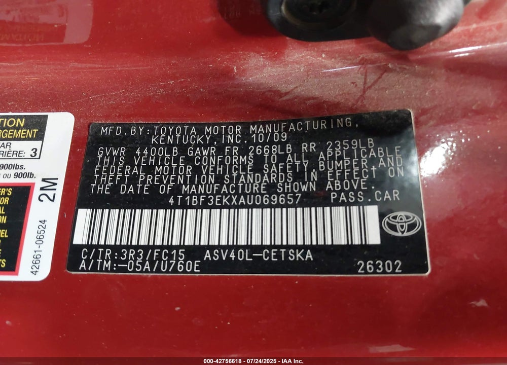 2010 TOYOTA CAMRY VIN: 4T1BF3EKXAU069657