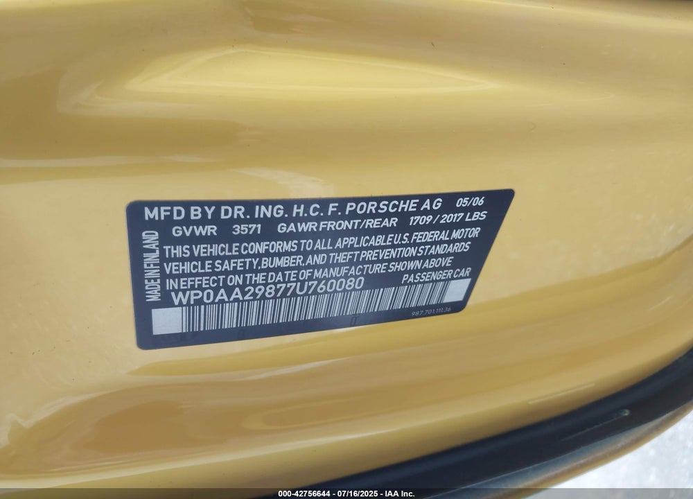 2007 PORSCHE CAYMAN VIN: WP0AA29877U760080
