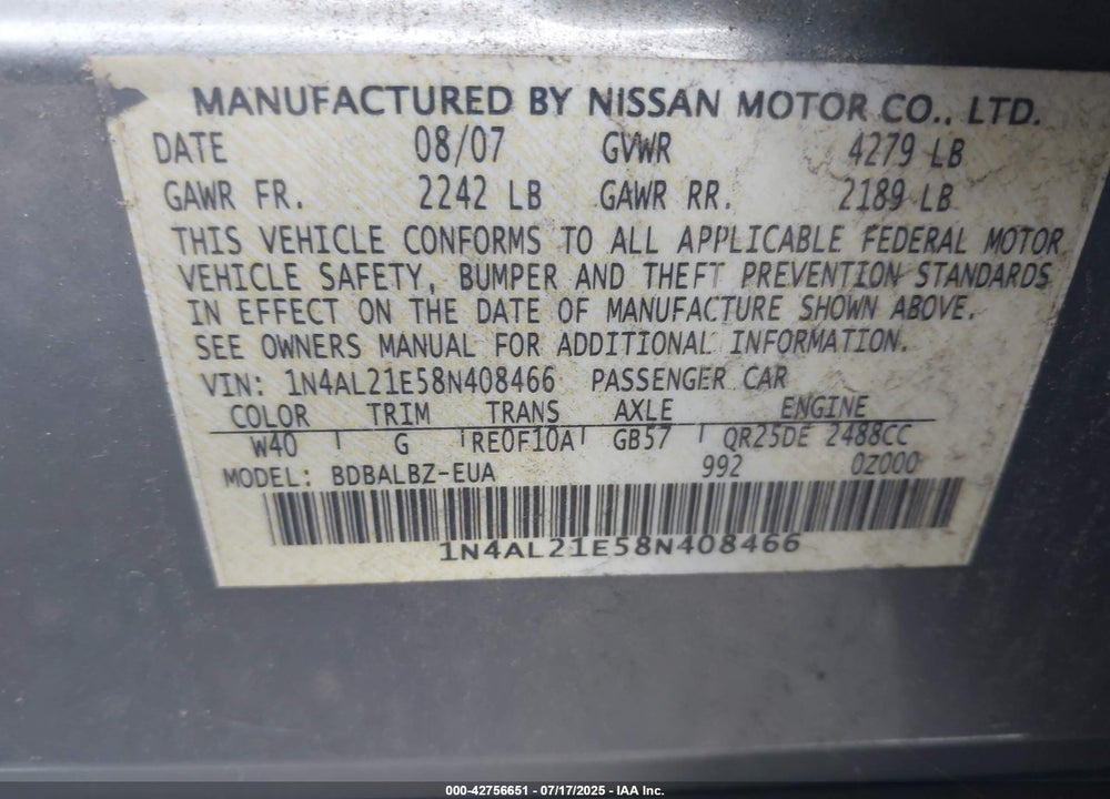 2008 NISSAN ALTIMA VIN: 1N4AL21E58N408466