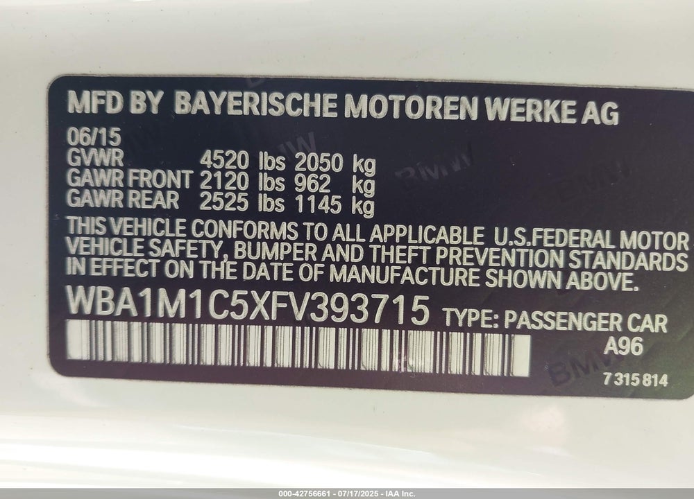 2015 BMW M235I VIN: WBA1M1C5XFV393715