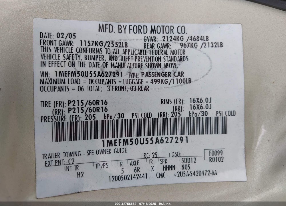 2005 MERCURY SABLE GS VIN: 1MEFM50U55A627291