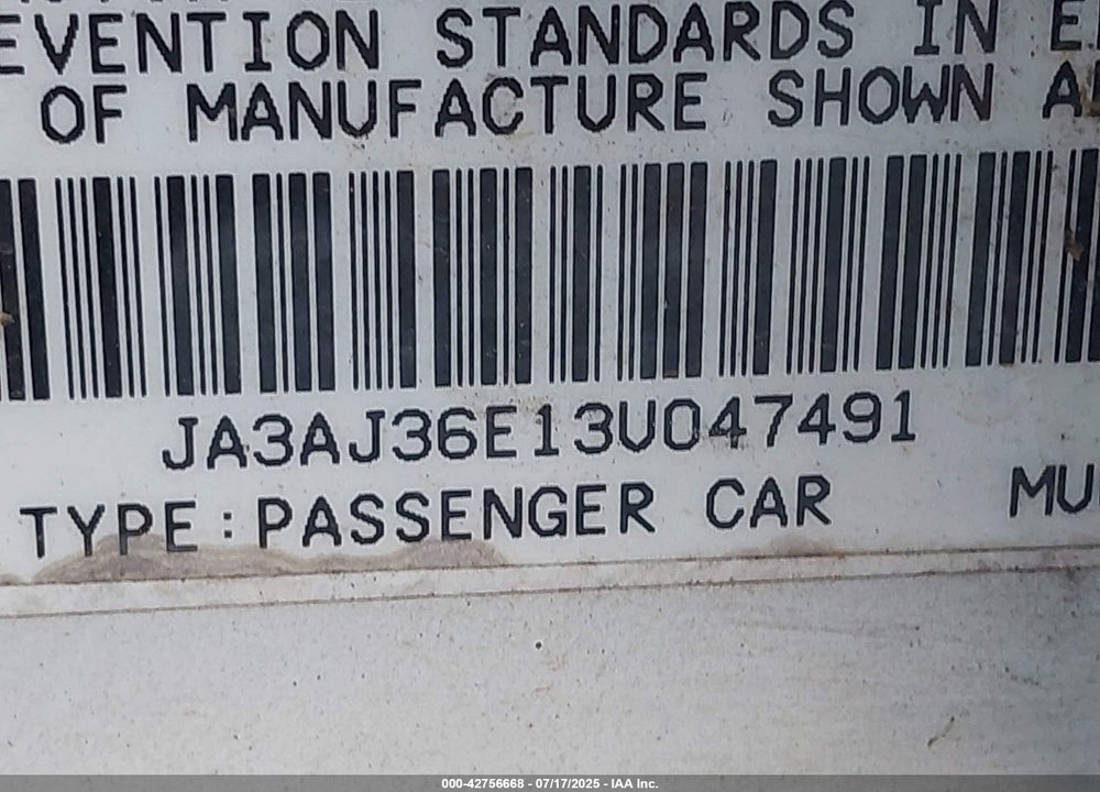 2003 MITSUBISHI LANCER VIN: JA3AJ36E13U047491