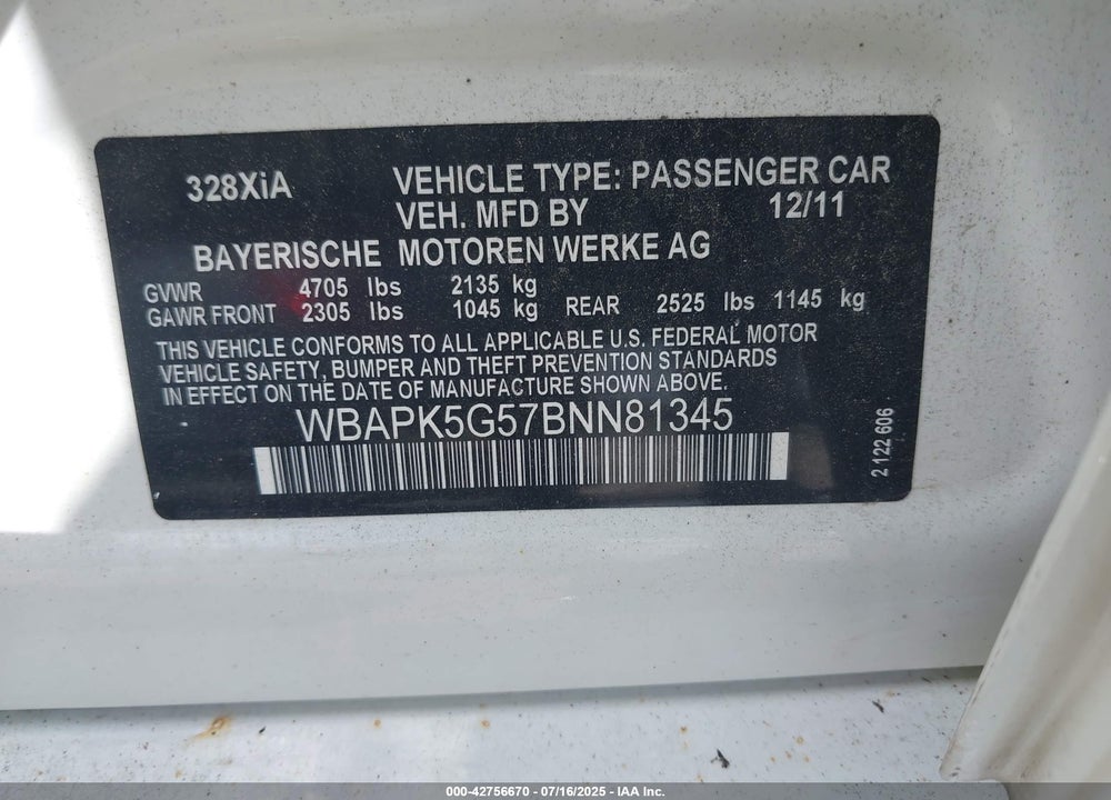 2011 BMW 3 SERIES VIN: WBAPK5G57BNN81345