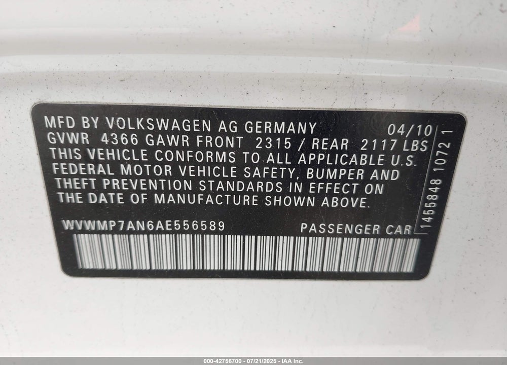 2010 VOLKSWAGEN CC VIN: WVWMP7AN6AE556589