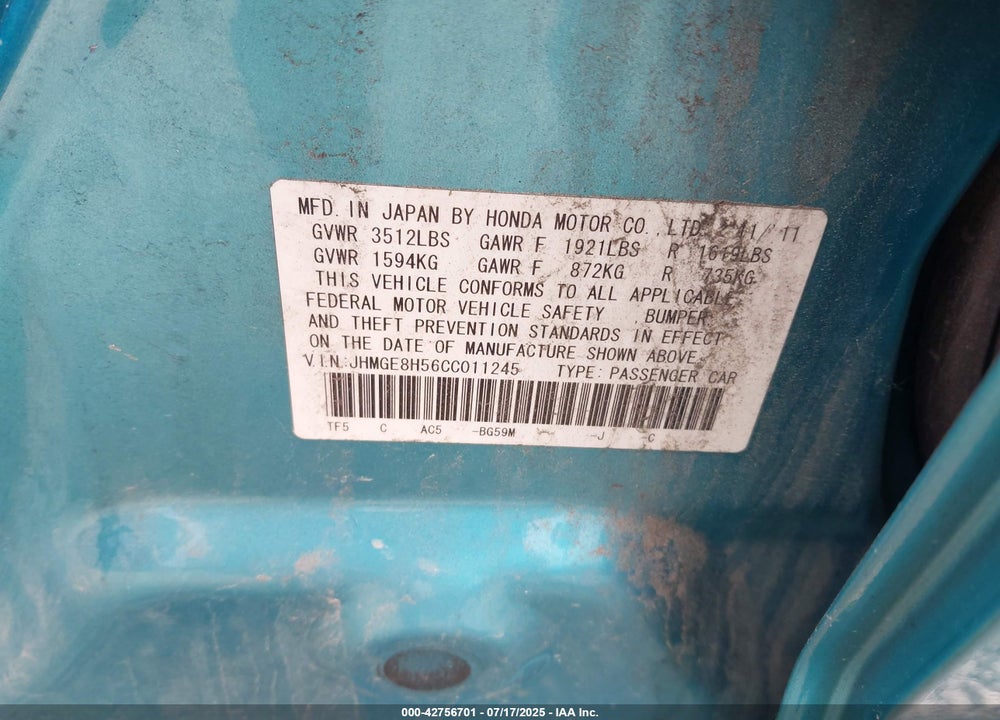2012 HONDA FIT VIN: JHMGE8H56CC011245