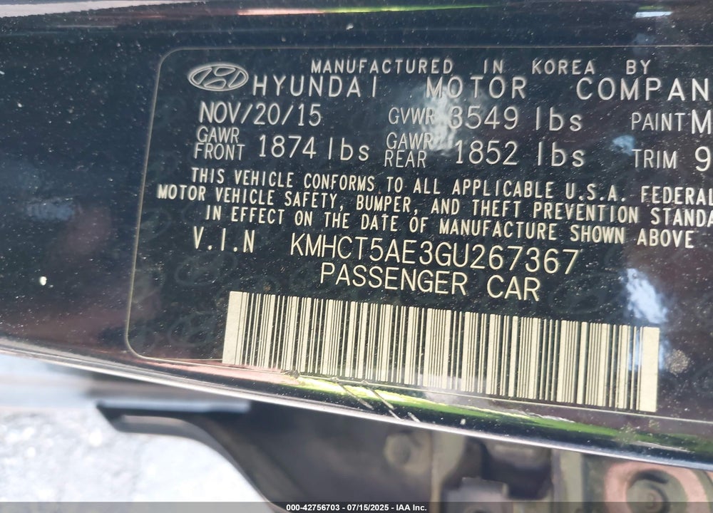 2016 HYUNDAI ACCENT VIN: KMHCT5AE3GU267367