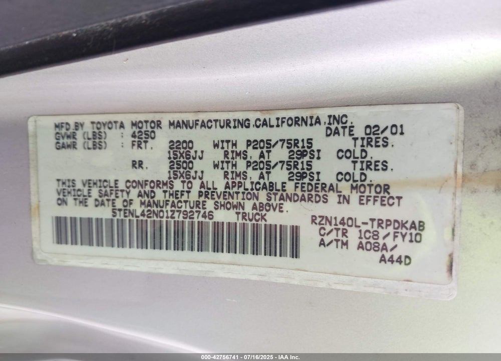 2001 TOYOTA TACOMA VIN: 5TENL42N01Z792746