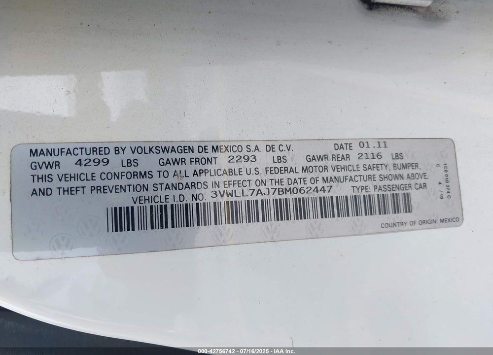 2011 VOLKSWAGEN JETTA VIN: 3VWLL7AJ7BM062447