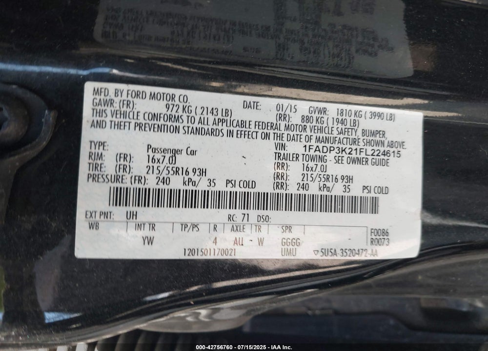 2015 FORD FOCUS VIN: 1FADP3K21FL224615