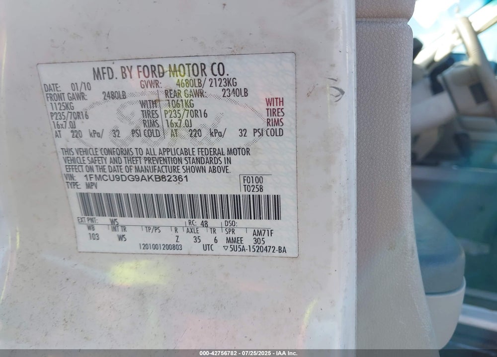 2010 FORD ESCAPE VIN: 1FMCU9DG9AKB82361