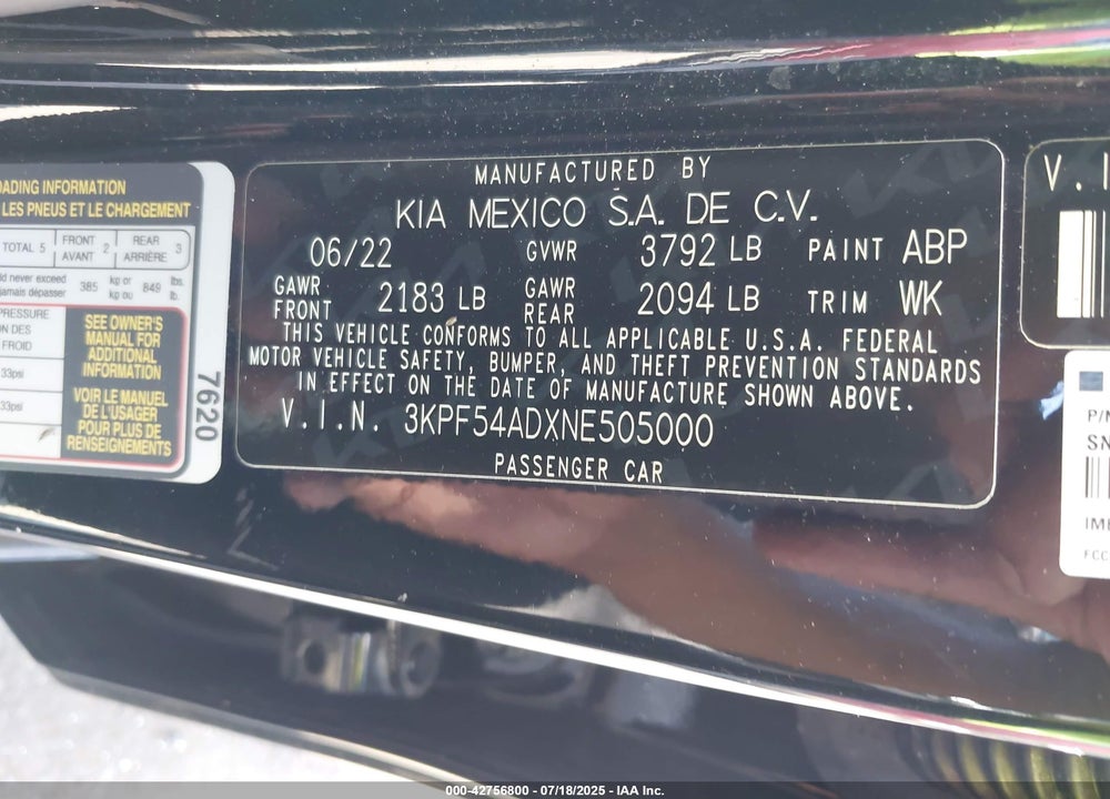 2022 KIA FORTE VIN: 3KPF54ADXNE505000