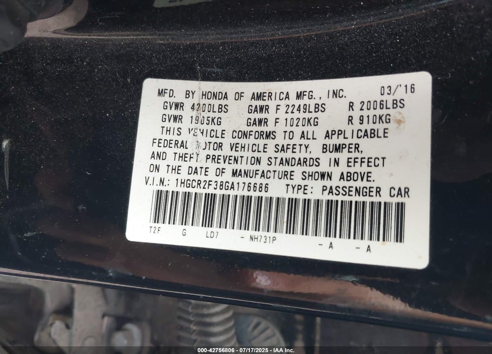 2016 HONDA ACCORD VIN: 1HGCR2F38GA176686