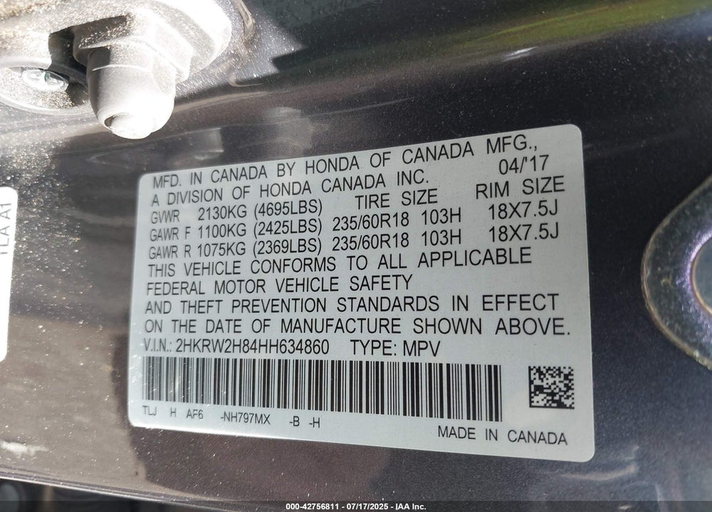 2017 HONDA CR-V VIN: 2HKRW2H84HH634860