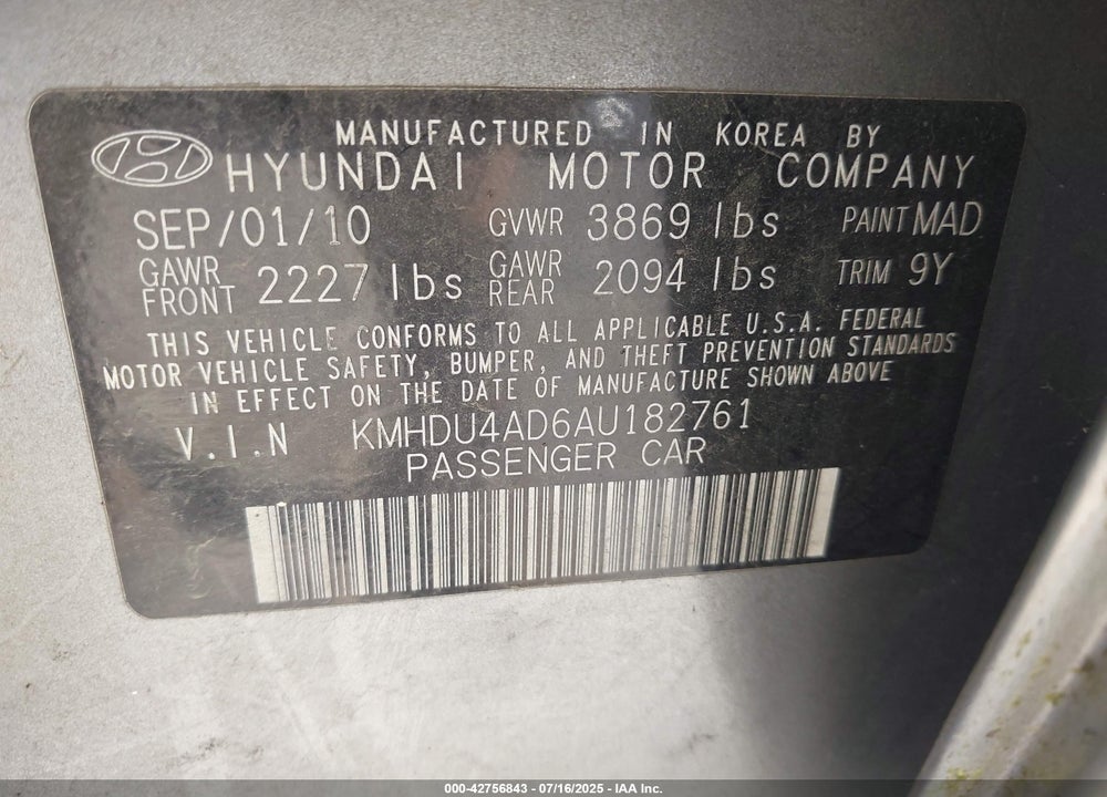 2010 HYUNDAI ELANTRA VIN: KMHDU4AD6AU182761