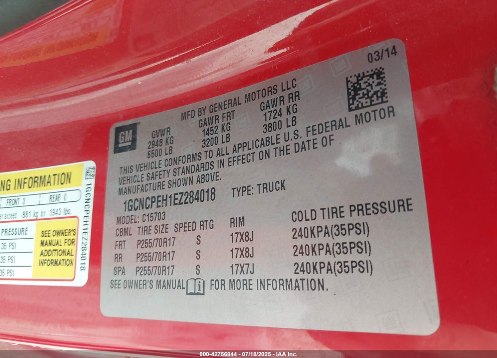 2014 CHEVROLET SILVERADO 1500 WORK TRUCK 2WT VIN: 1GCNCPEH1EZ284018