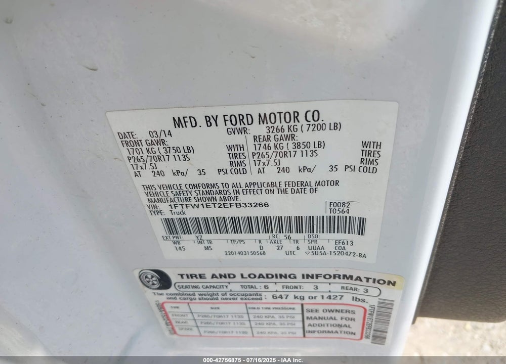 2014 FORD F-150 XLT VIN: 1FTFW1ET2EFB33266