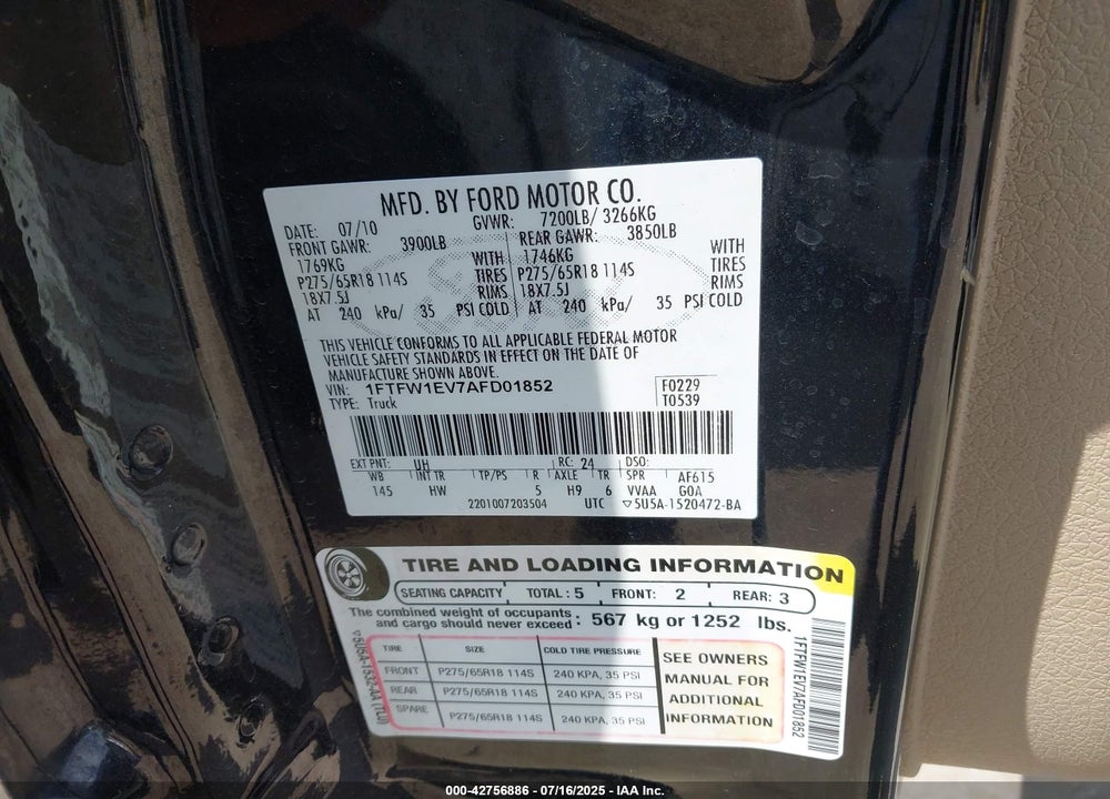 2010 FORD F-150 VIN: 1FTFW1EV7AFD01852