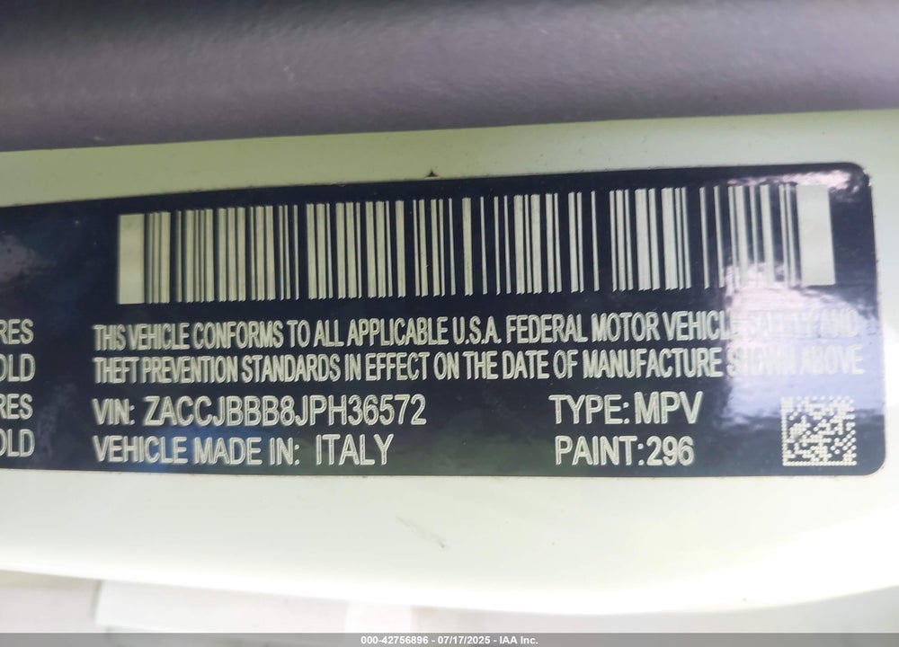 2018 JEEP RENEGADE VIN: ZACCJBBB8JPH36572