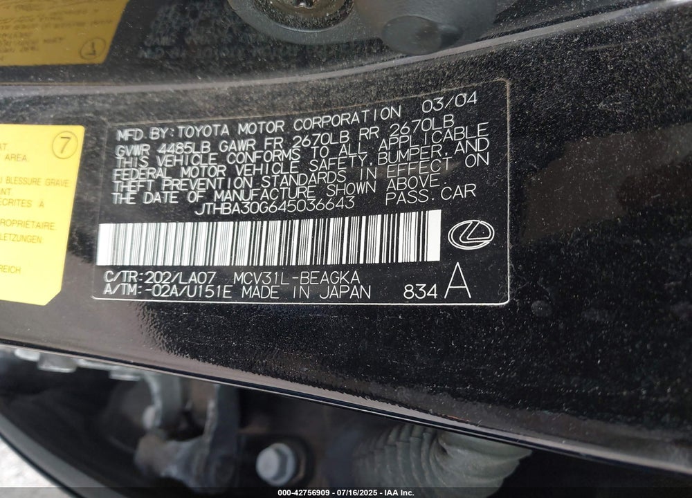 2004 LEXUS ES 330 VIN: JTHBA30G645036643