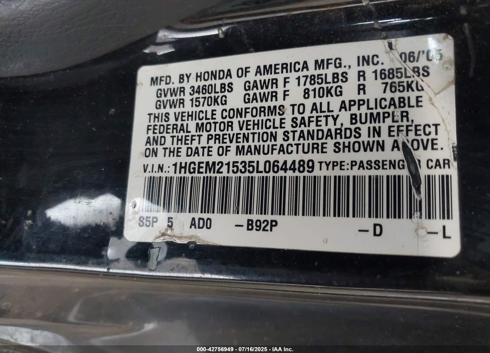 2005 HONDA CIVIC LX VIN: 1HGEM21535L064489