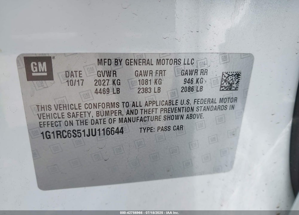 2018 CHEVROLET VOLT VIN: 1G1RC6S51JU116644