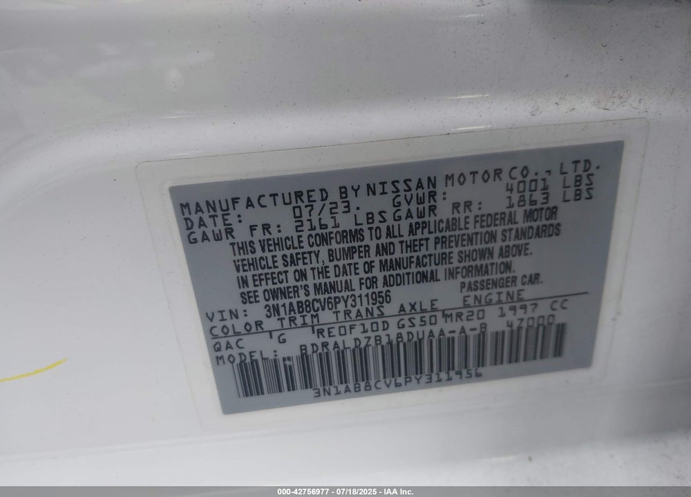2023 NISSAN SENTRA SV XTRONIC CVT VIN: 3N1AB8CV6PY311956