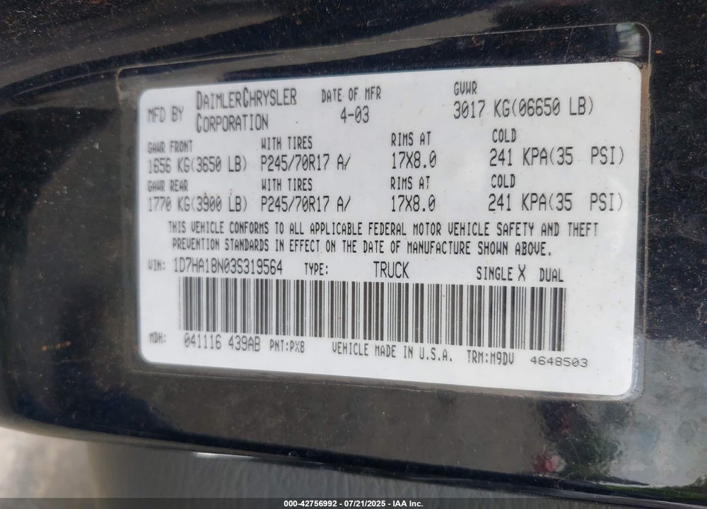 2003 DODGE RAM 1500 VIN: 1D7HA18N03S319564