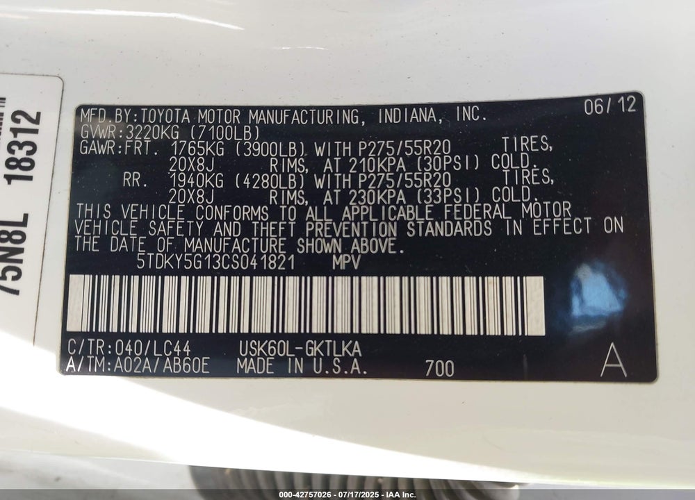 2012 TOYOTA SEQUOIA VIN: 5TDKY5G13CS041821