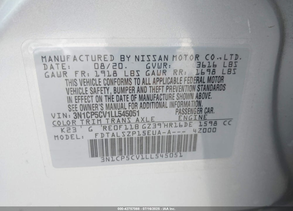 2020 NISSAN KICKS VIN: 3N1CP5CV1LL545051