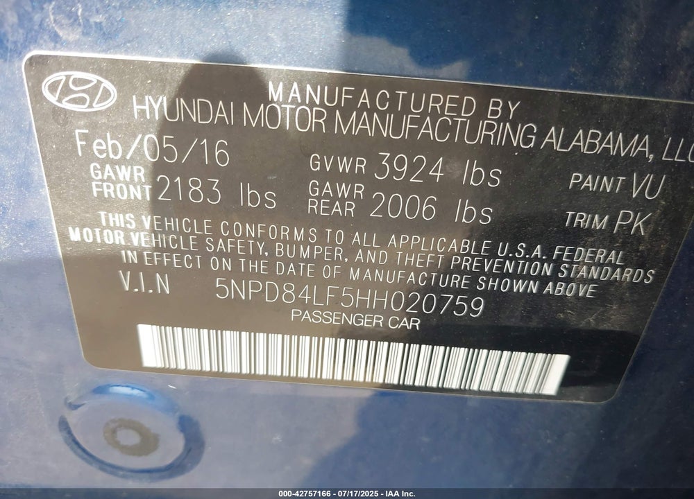 2017 HYUNDAI ELANTRA VIN: 5NPD84LF5HH020759