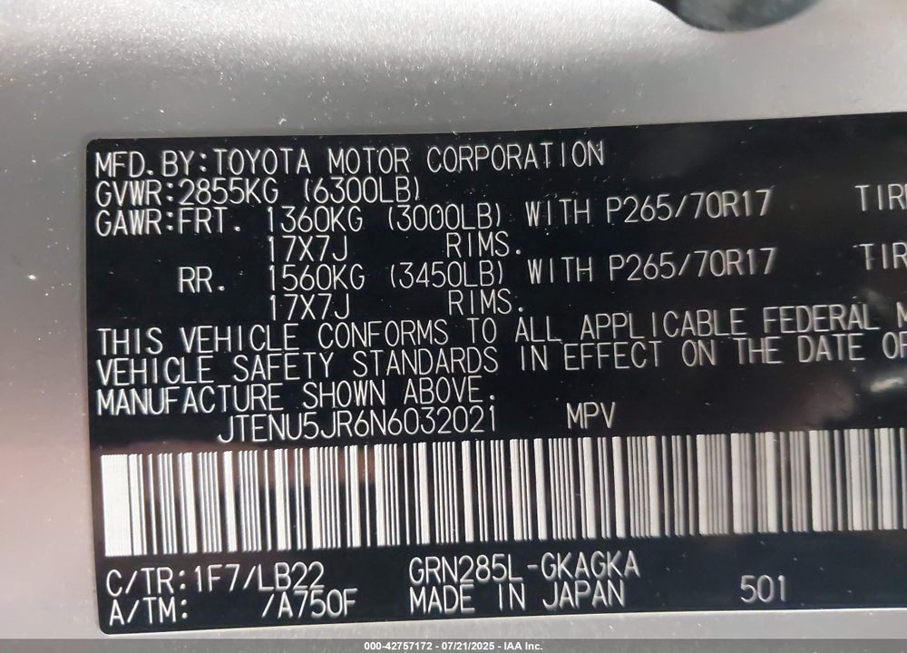2022 TOYOTA 4RUNNER VIN: JTENU5JR6N6032021