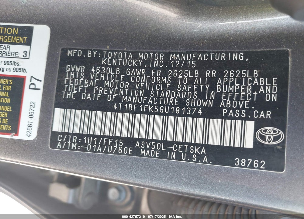 2016 TOYOTA CAMRY SE VIN: 4T1BF1FK5GU181374