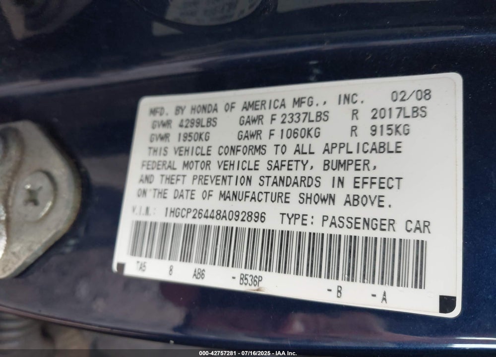 2008 HONDA ACCORD VIN: 1HGCP26448A092896