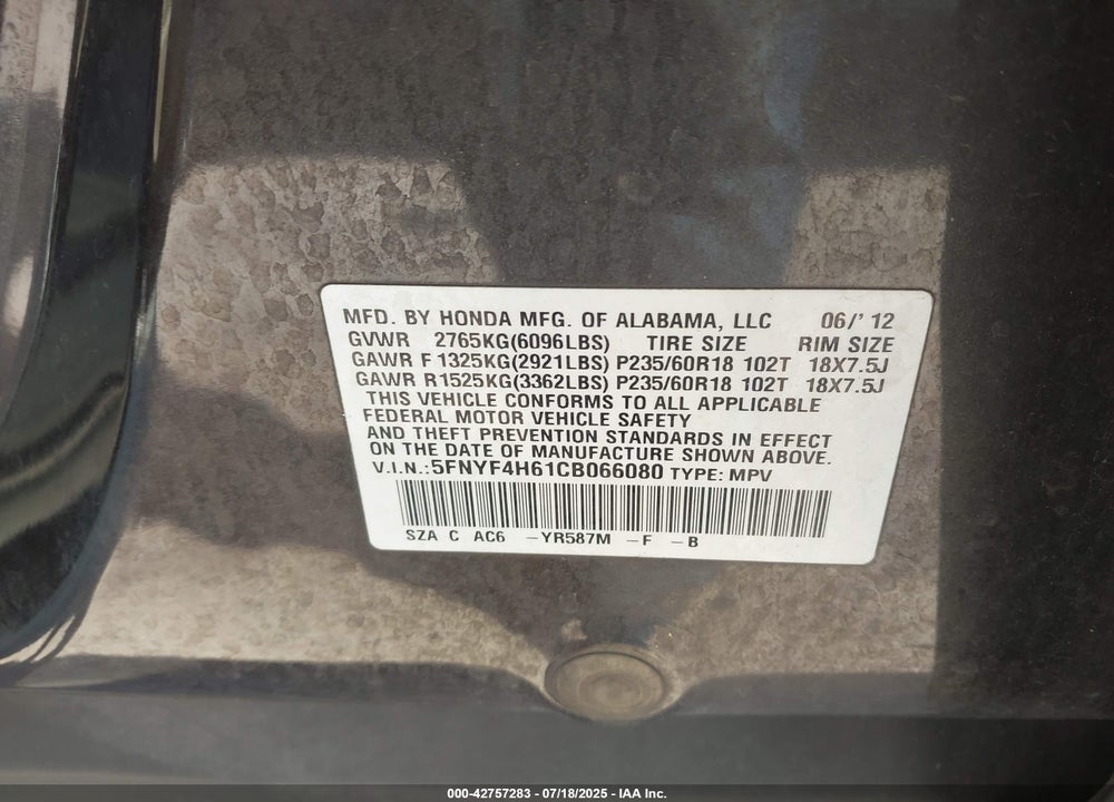 2012 HONDA PILOT VIN: 5FNYF4H61CB066080