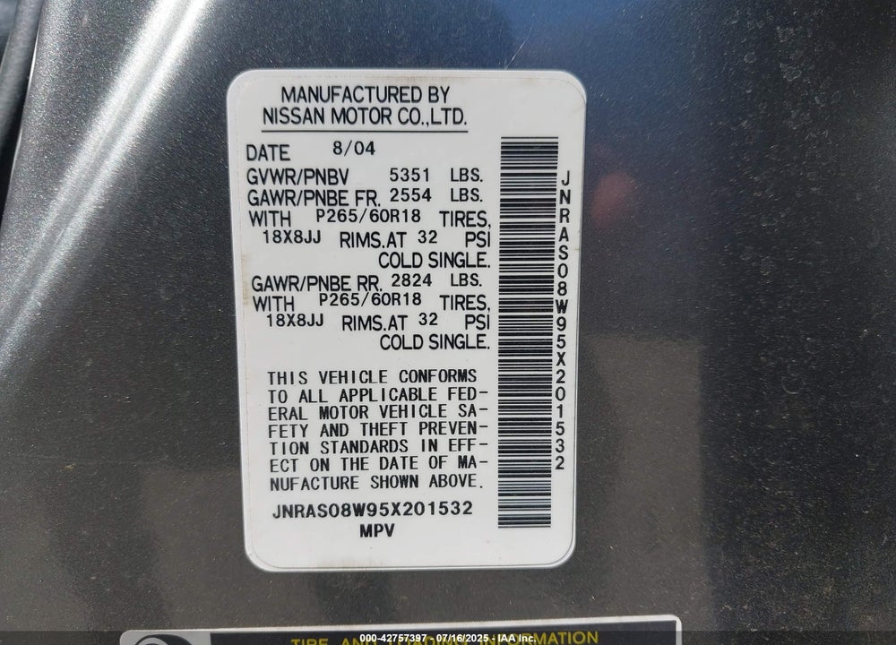 2005 INFINITI FX35 VIN: JNRAS08W95X201532