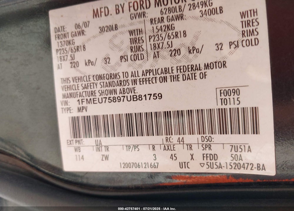 2007 FORD EXPLORER VIN: 1FMEU75897UB81759