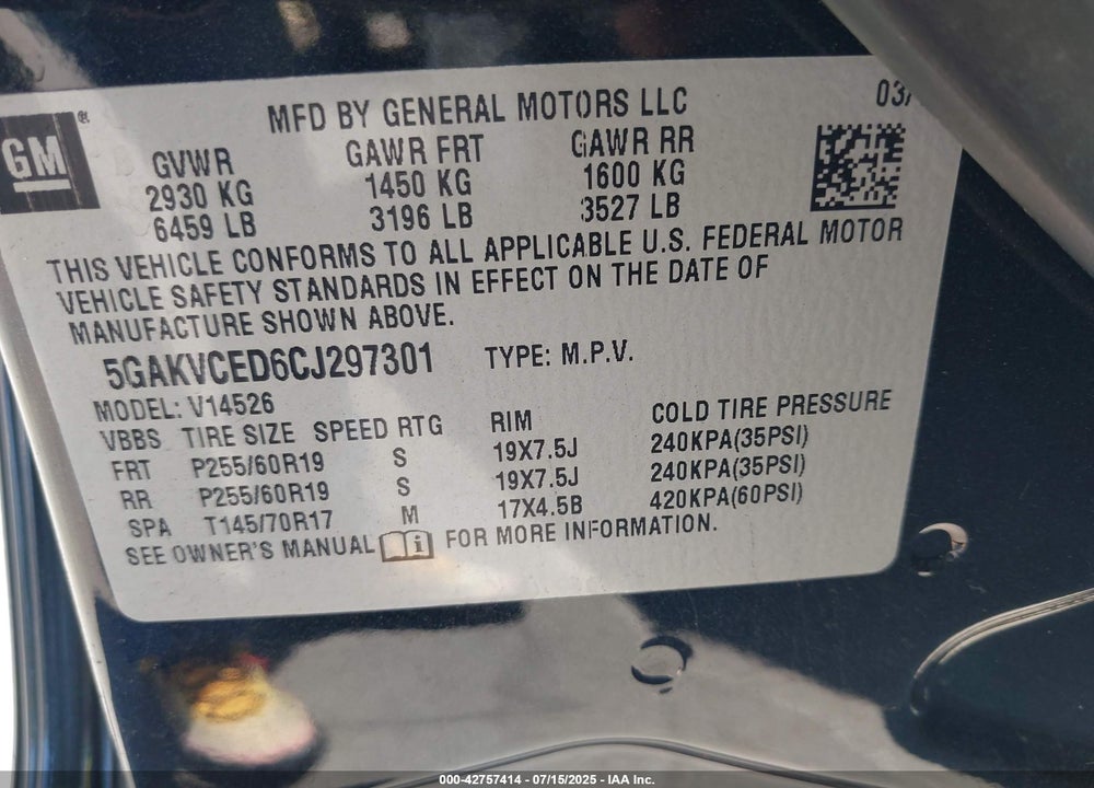 2012 BUICK ENCLAVE VIN: 5GAKVCED6CJ297301
